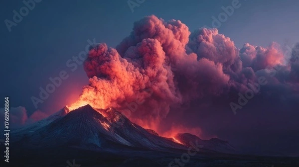Fototapeta Majestic Eruption of Volcano with Fiery Lava Flow and Dramatic Cloud of Ashes at Dusk in a Stunning Natural Landscape