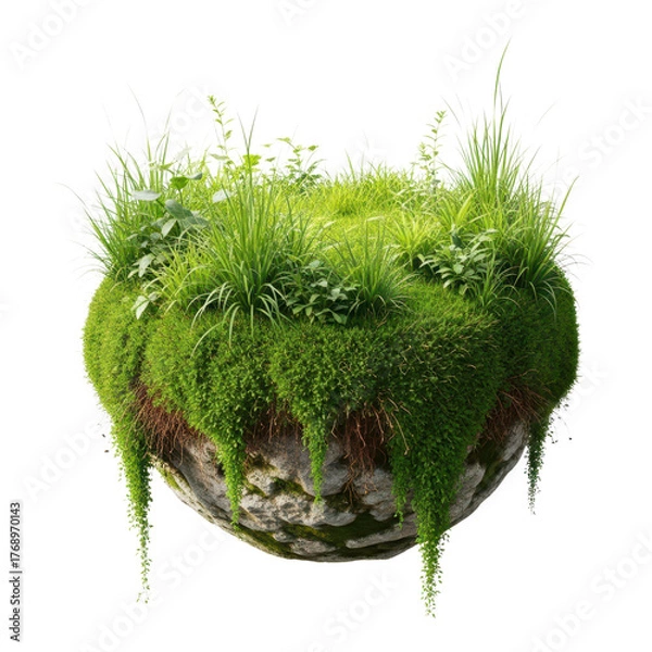 Obraz Floating island with green grass and moss isolated on transparent background