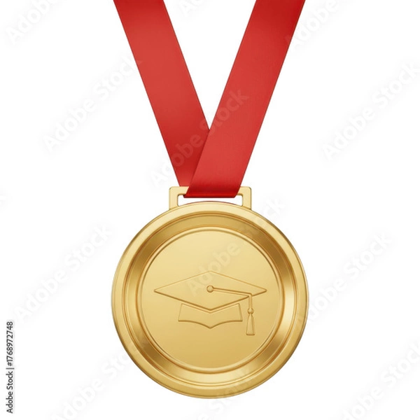 Fototapeta Golden graduation medal with red ribbon isolated on transparent background