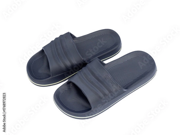 Fototapeta New mens or womans sport slide sandals for shower, pool, gym. Blue beach slippers isolated on white background. Lightweight and comfortable leisure shoes