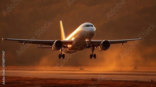 Fototapeta Airplane Approaching Landing at Sunset Over Runway with Golden Light and Dusty Background Creating a Stunning Travel and Aviation Scene