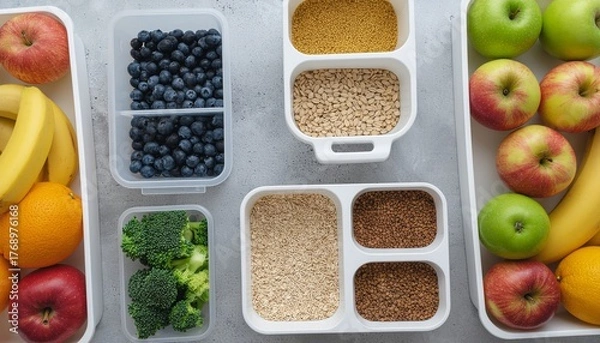 Obraz Top view of fruits, grains, and vegetables neatly stored in plastic containers. Concept of meal prep, healthy eating, nutrition, and clean food organization in the kitchen.