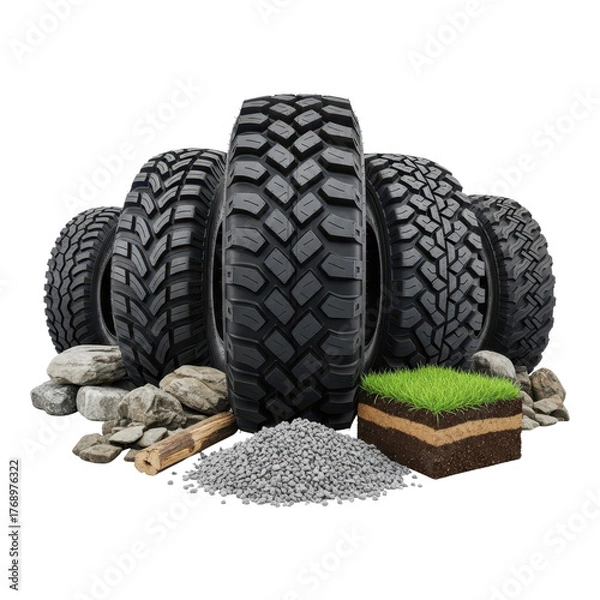 Fototapeta Offroad tires with rocks and grass isolated on transparent background