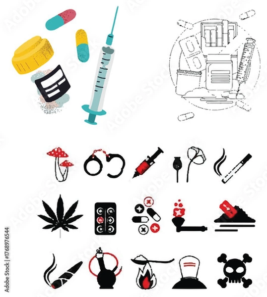 Obraz Drug Addiction Concept – Man Sitting Alone with Shadow of Syringe Anti Drugs Day Illustration – Health Awareness Vector Design World No Drugs Day Poster with Stop Sign and Broken Pills