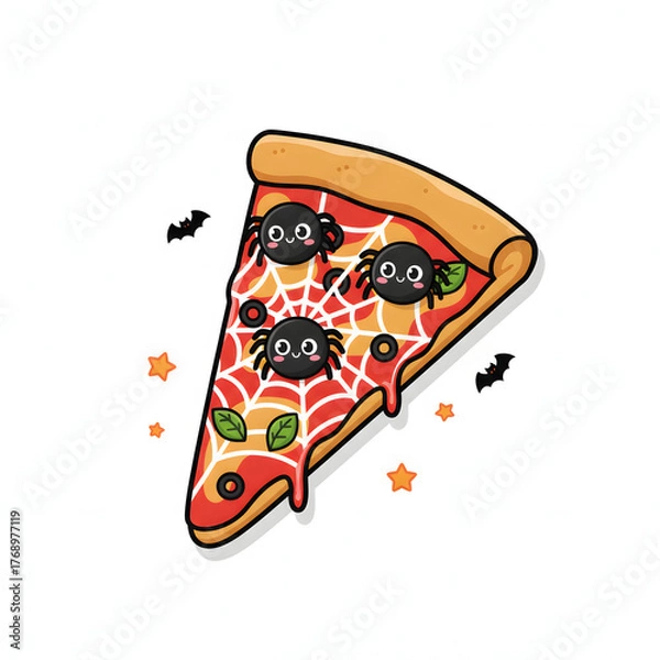 Fototapeta A single slice of spiderweb pizza, featuring charming cartoon spiders carefully placed on delicate web lines, white background