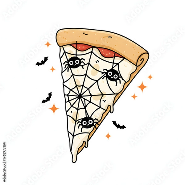 Fototapeta A single slice of spiderweb pizza, featuring charming cartoon spiders carefully placed on delicate web lines, white background