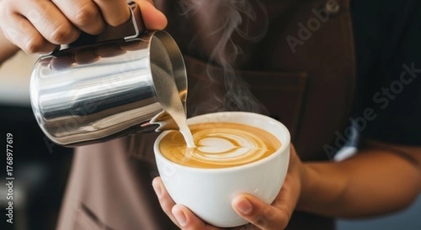 Fototapeta Latte Art Creation: Milk Pouring into Coffee Cup, Heart Design, Steaming Beverage