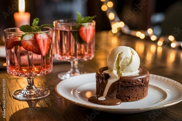 Obraz Chocolate lava cake with ice cream and strawberry drinks molten chocolate cake dessert