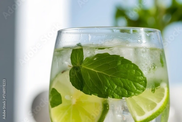 Obraz Clear glass of refreshing iced drink with lime slices and mint beverage