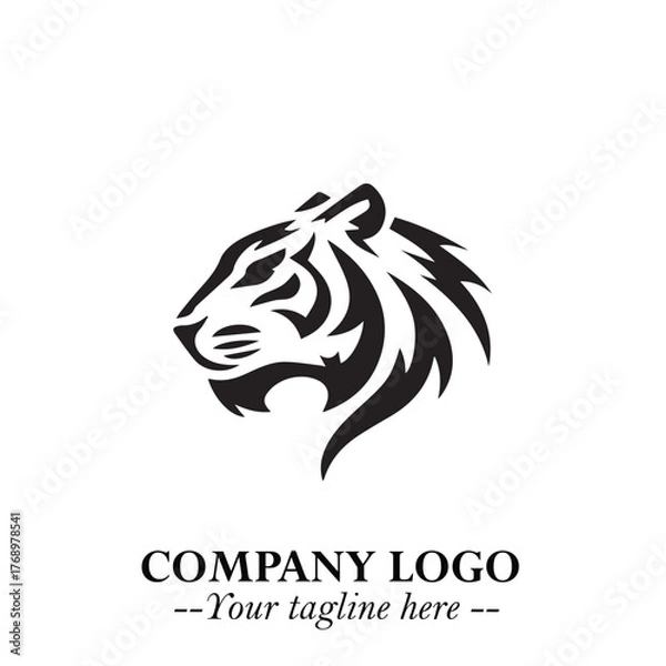 Fototapeta Powerful Head of Tiger Logo Symbol in Black on White Background with Bold Modern Minimalist Design