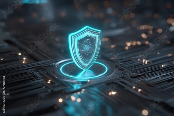 Obraz Digital defense concept with metallic shield and pulsing cyan energy over server board, high-tech IT security design for branding use