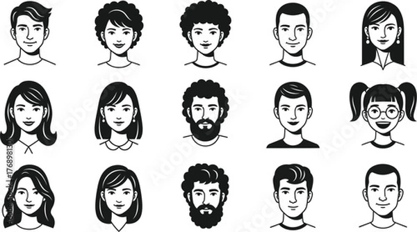 Fototapeta Diverse people avatars vector set of male and female face portraits editable vector