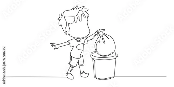 Fototapeta Continuous line drawing of a child throwing trash into a bin. One line art illustration of a kid keeping the environment clean and showing good habits.