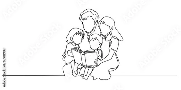 Fototapeta Continuous line drawing of a family reading a book together. One line art showing parents and children sitting closely, symbolizing love, learning, and togetherness.