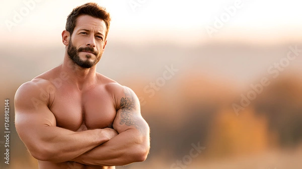 Fototapeta a muscular man with a beard stands with arms crossed, exuding confidence and strength