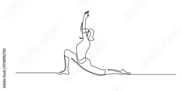 Fototapeta Continuous line drawing of a woman doing yoga pose.one line art illustration a woman stretching in a low lunge position with arms raised, symbolizing balance, mindfulness, flexibility, and inner peace