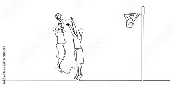 Fototapeta Continuous line drawing of basketball players jumping to score near the hoop. One line art illustration showing teamwork, competition, and athletic energy in the game.