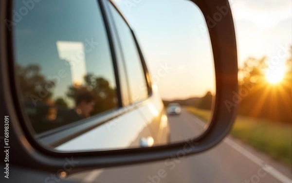 Fototapeta view side mirror of car summer roadtrip concept background. High quality