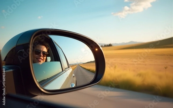 Fototapeta view side mirror of car summer roadtrip concept background. High quality