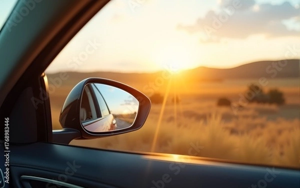 Fototapeta view side mirror of car summer roadtrip concept background. High quality