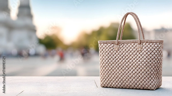 Fototapeta a stylish woven tote bag stands gracefully on a ledge with a blurred cityscape in the background, a sunny day provides a beautiful backdrop
