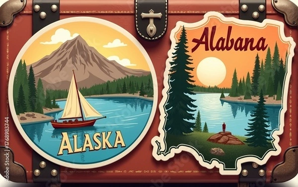 Fototapeta Alaska, Alabama travel stickers with scenic attractions and retro text on vintage suitcase background. High quality