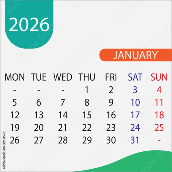 Fototapeta Colorful calendar design for January 2026