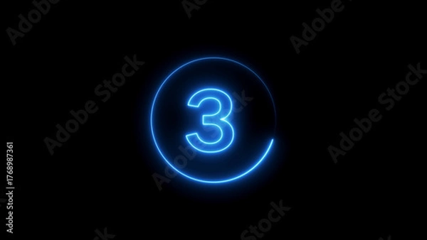 Fototapeta Blue Neon Number 3 Inside a Circle on Black Background three