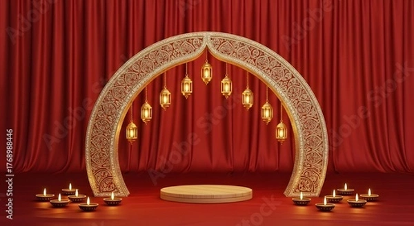 Fototapeta Elegant Diwali Stage with Arch Lamps and Red Backdrop.
