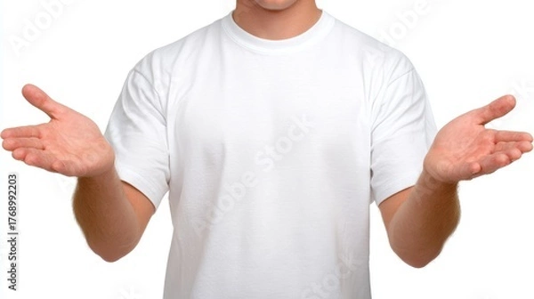 Fototapeta Professional man in crisp white shirt extends hands in welcoming gesture offering assistance or presentation.