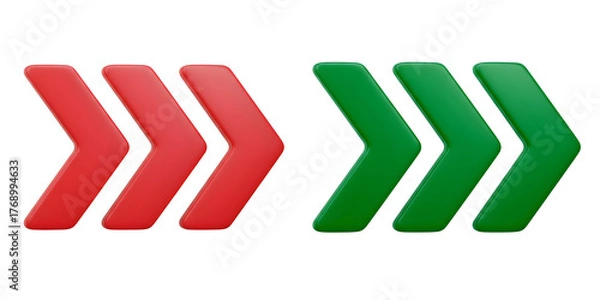 Obraz Two rows of red and green arrows pointing right isolated on transparent background