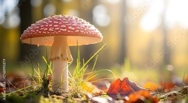 Fototapeta Amanita muscaria mushroom in a forest during autumn with sunlight