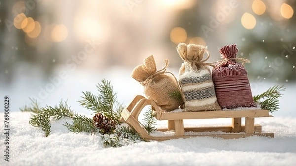 Fototapeta Christmas scene with a small wooden sleigh loaded with three small gift bags, a few pine branches around, and white snow covering the ground.