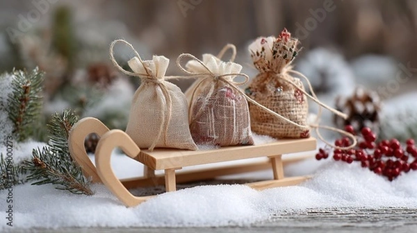 Fototapeta Christmas scene with a small wooden sleigh loaded with three small gift bags, a few pine branches around, and white snow covering the ground.