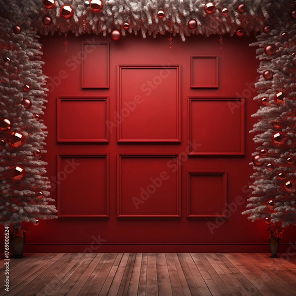 Fototapeta Christmas Gallery Wall Display: Festive Red Background with Empty White and Vintage Frames Decorated with Pine Garland and Ornaments