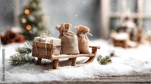 Fototapeta Christmas scene with a small wooden sleigh loaded with three small gift bags, a few pine branches around, and white snow covering the ground.