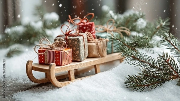 Fototapeta Christmas scene with a small wooden sleigh loaded with three small gift bags, a few pine branches around, and white snow covering the ground.