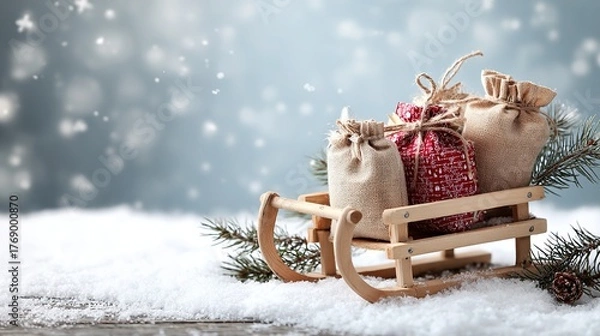 Fototapeta Christmas scene with a small wooden sleigh loaded with three small gift bags, a few pine branches around, and white snow covering the ground.