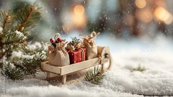 Fototapeta Christmas scene with a small wooden sleigh loaded with three small gift bags, a few pine branches around, and white snow covering the ground.