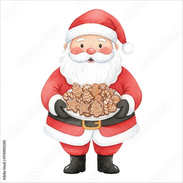 Fototapeta Santa with Gingerbread Cookies Plate Watercolor Vector
