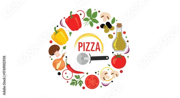 Fototapeta Circular composition of fresh vegetables, herbs, olive oil, and a pizza cutter surrounding the word 'PIZZA' on a white background.