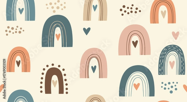 Fototapeta Seamless pattern with cute boho rainbows and hearts on a light background, perfect for nursery decor and textile design.