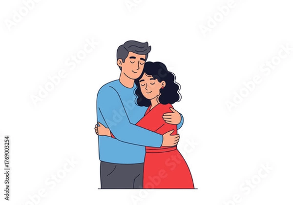Fototapeta Man and woman embrace in a loving hug, perfect for romantic themes, relationship concepts, valentines day designs, and cards.