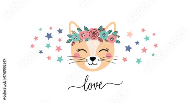 Fototapeta Sweet smiling cat character with a whimsical flower headband and scattered stars, featuring the word love.