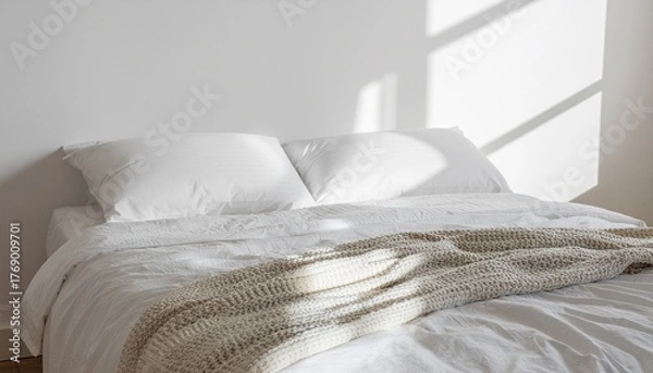 Obraz Cozy minimalist bedroom with white pillows, clean bedding, and knitted blanket. Bright morning sunlight casting shadows on the wall, symbolizing calm and relaxation.