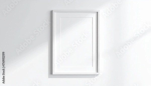 Fototapeta Minimalist white frame mounted on a white wall, casting a soft shadow and symbolizing simplicity, emptiness, or creative potential.