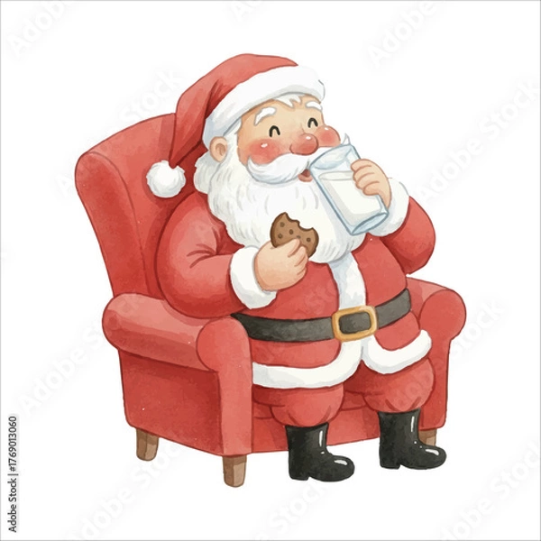 Fototapeta Santa Eating Cookies and Milk Watercolor Vector

