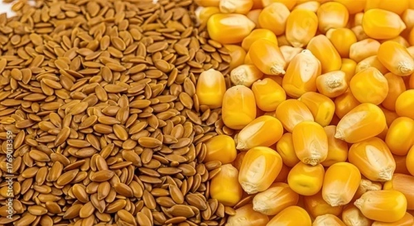 Fototapeta Close-up of healthy flax seeds next to vibrant yellow corn kernels, showcasing natural grains.