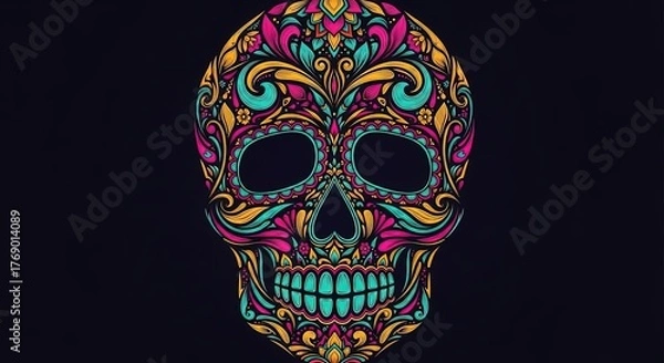 Fototapeta Vibrant, ornate skull art with intricate floral patterns in bright colors against a dark background