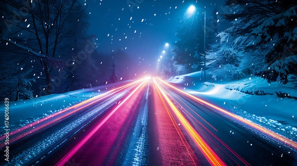 Fototapeta Long exposure of car light trails on a snowy road at night with falling snow